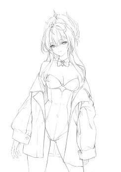 1girl aemeath_(wuthering_waves) bare_shoulders breasts cleavage closed_mouth commentary covered_navel ddcc0123 halo halo_behind_head highleg highleg_leotard highres jacket leotard light_smile lineart long_hair long_sleeves medium_breasts off_shoulder simple_background sketch solo star-shaped_pupils star_(symbol) strapless strapless_leotard symbol-shaped_pupils white_background wuthering_waves