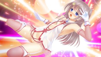 Rule 34 | 1girl, bare shoulders, blue eyes, blue gem, blush, breasts, brooch, center opening, character request, cleft of venus, collared shirt, detached sleeves, dutch angle, embarrassed, flower, flower hairpin, game cg, garter belt, gem, gloves, gloves over sleeves, hair ornament, hand up, henshin, hiba airi, hiba airi (magical girl), jewelry, jumping, long hair, magical girl, midair, nipples, non-web source, official art, open mouth, pink hair, pink sleeves, pink thighhighs, pussy, revealing clothes, roshutsu-kei mahou shoujo, see-through clothes, see-through shirt, self-datamine, shirt, shitou (4h), sleeveless, sleeveless shirt, small breasts, sparkle, sparkle background, thighhighs, two side up, v-shaped eyebrows, white garter belt, white gloves, yellow flower