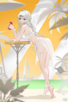 1girl alternate_costume artist_name bare_legs bare_shoulders barefoot bikini bird black_bird breasts can closed_mouth drink_can feet from_side full_body hair_ornament highres holding holding_can large_breasts leaning_on_table legs long_hair looking_at_viewer looking_to_the_side paid_reward_available sarong single_hair_intake smile solo swimsuit toes very_long_hair white_bikini white_hair white_sarong yellow_eyes yixuan_(zenless_zone_zero) yunkaiming zenless_zone_zero