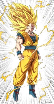 1boy absurdres alternate_hairstyle blonde_hair blue_boots blue_pants blue_shirt boots clenched_hands commentary_request cosplay dougi dragon_ball dragon_ball_daima dragonball_z electricity full_body green_eyes highres horang4628 korean_commentary long_hair motion_lines muscular muscular_male no_eyebrows orange_pants orange_shirt pants shirt solo son_goku speed_lines spiked_hair super_saiyan super_saiyan_3 vegeta vegeta_(cosplay)
