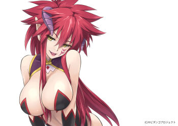 1girl breasts cleavage enki_(momo_kyun_sword) errant female_focus hair_between_breasts horns large_breasts lipstick long_hair looking_at_viewer makeup momo_kyun_sword pointy_ears red_hair solo yellow_eyes