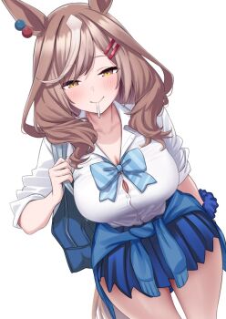 1girl animal_ears bag blue_bow blue_jacket blue_skirt blue_sky bow breasts brown_eyes brown_hair button_gap buttons cleavage closed_mouth clothes_around_waist collared_shirt commentary_request commission cowboy_shot dutch_angle ear_ornament hair_ornament hairclip herohero_(higashi_no_dou) horse_ears horse_girl horse_tail jacket jacket_around_waist large_breasts lollipop_in_mouth long_hair looking_at_viewer matikanetannhauser_(umamusume) miniskirt multicolored_hair pleated_skirt scrunchie shirt shoulder_bag simple_background skeb_commission skirt sky smile solo streaked_hair tail three-quarter_sleeves umamusume white_background white_shirt wrist_scrunchie