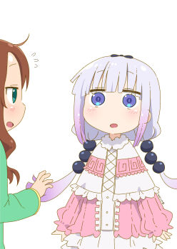 beads blunt_bangs blush brown_hair dated dress gradient_hair green_eyes green_shirt hair_beads hair_ornament highres kanna_kamui kobayashi-san_chi_no_maidragon long_hair long_sleeves looking_at_another multicolored_hair open_mouth pink_dress puffy_sleeves purple_eyes purple_hair saikawa_riko samansa_ex shirt sidelocks signature sphere_hair_ornament white_background white_dress white_hair