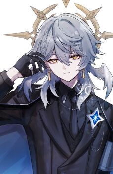 Rule 34 | 1boy, alternate costume, black gloves, black jacket, black shirt, braid, brooch, collared shirt, earrings, formal clothes, gloves, grey hair, hair between eyes, half crown braid, halo, halo behind head, hand in own hair, hand up, head wings, highres, honkai: star rail, honkai (series), jacket, jewelry, lapels, long sleeves, male focus, medium hair, mochiumai29, multiple rings, notched lapels, piercing, ring, shirt, simple background, smile, solo, suit, sunday (honkai: star rail), watermark, white background, wing piercing, wings, yellow eyes, yellow halo