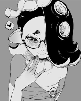 Rule 34 | 1girl, blush, breasts, chest sarashi, collarbone, commentary, ear piercing, earrings, eyelashes, greyscale, hair ornament, hair over one eye, hand mouth, heart, highres, jewelry, long hair, looking at viewer, monochrome, nintendo, obsydian0x, octoling, piercing, round eyewear, sarashi, shawl, shiver (deep cut outfit) (splatoon), shiver (splatoon), short eyebrows, simple background, small breasts, smile, solo, splatoon (series), splatoon 3, spoken heart, tentacle hair, thick eyebrows, tooth earrings, untranslatable commentary, upper body