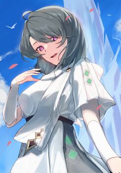 1girl ahoge bird blue_sky breasts commentary_request dress earrings gonnbe_fofo grey_hair highres honkai_(series) honkai_impact_3rd jewelry large_breasts looking_at_viewer official_alternate_costume parted_lips purple_eyes short_hair sky solo vita_(honkai_impact) vita_(salt_snow)_(honkai_impact) white_dress