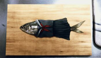 absurdres animal_focus black_sailor_collar black_serafuku black_shirt black_skirt commentary cutting_board fish fracoco highres neckerchief no_humans original pleated_skirt red_neckerchief sailor_collar school_uniform serafuku shirt skirt what