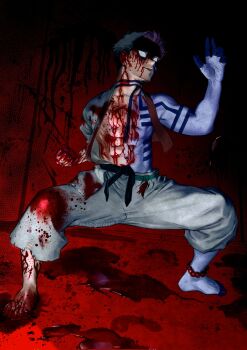 1boy absurdres akaza_(kimetsu_no_yaiba) anklet bead_anklet beads blood blood_on_clothes blood_on_face blood_on_hands blood_splatter blue_tattoo body_markings colored_eyelashes commentary_request dougi facial_tattoo fighting_stance full-body_tattoo full_body haori highres japanese_clothes jewelry kakka_(umagoyakakka) kimetsu_no_yaiba male_focus pants parted_lips patterned_hair print_haori red_theme short_hair tattoo torn_clothes white_eyes