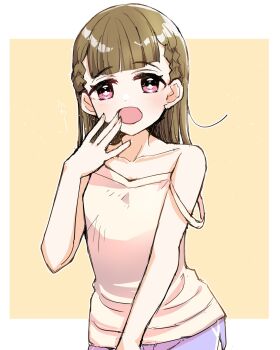 1girl bare_shoulders blunt_bangs border braid brown_hair camisole center-flap_bangs collarbone commentary_request cowboy_shot dolphin_shorts hasu_no_sora_school_uniform highres kachimachi_kosuzu kanduki_kamibukuro link!_like!_love_live! love_live! open_mouth outside_border pink_eyes purple_shorts school_uniform short_shorts shorts side_braids simple_background solo strap_slip virtual_youtuber white_border white_camisole yellow_background