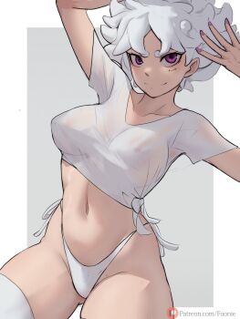 1girl arm_over_head arm_up covered_erect_nipples cowboy_shot curly_eyebrows curly_hair facial_scar funi_xd gear_fifth genderswap genderswap_(mtf) highres light_blush luffyko monkey_d._luffy navel one_piece panties patreon_logo patreon_username purple_eyes purple_nails scar scar_on_cheek scar_on_face shirt smile solo split_mouth thighhighs thighs thong tied_shirt underwear white_hair white_panties white_shirt white_thighhighs