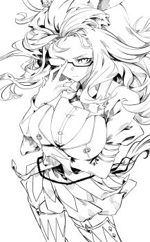 1girl absurdres animal_ears biwa_hayahide_(pf._winning_equation...)_(umamusume) biwa_hayahide_(umamusume) boots breasts commentary_request commission ear_ornament glasses greyscale hasukurira highres horse_ears horse_girl jacket large_breasts long_hair looking_at_viewer monochrome neck_ribbon partial_commentary pixiv_commission ribbon semi-rimless_eyewear shirt simple_background skirt solo standing umamusume very_long_hair wavy_hair