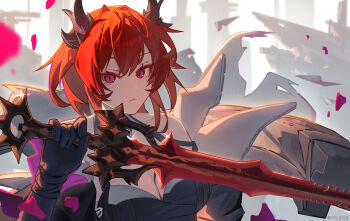 Rule 34 | arknights, arknights: endfield, bare shoulders, black gloves, black horns, breasts, choq3, cleavage, commentary, demon horns, detached sleeves, english commentary, eyebrows hidden by hair, gloves, hair between eyes, highres, holding, holding sword, holding weapon, horns, laevatain (arknights), large breasts, looking at viewer, open mouth, petals, purple eyes, red hair, ruins, sparkle, surtr (arknights), sword, weapon
