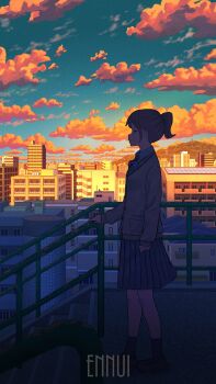 1girl black_skirt blue_sky building cardigan city cityscape closed_mouth cloud collared_shirt commentary_request evening gradient_sky grey_cardigan highres hill original pasoputi pleated_skirt ponytail railing scenery school_uniform shirt short_hair sidelocks skirt sky skyscraper solar_panel solo stairs standing twilight white_shirt window