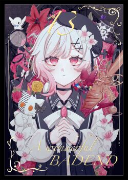 Rule 34 | 1girl, beret, black background, black choker, black hat, bug, butterfly, cherry blossoms, choker, commentary request, floral background, flower, gradient hair, hair flower, hair ornament, hat, highres, insect, interlocked fingers, long sleeves, looking at viewer, magnifying glass, mahou shoujo no majo saiban, mitobari, multicolored hair, own hands together, parted lips, pink eyes, red butterfly, red flower, red rose, rose, sakuraba ema, short hair, solo, sword, upper body, weapon, white flower, white hair, x hair ornament