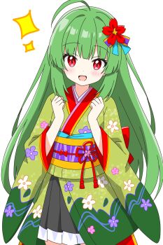 1girl :d ahoge black_skirt blush commentary_request cowboy_shot dot_nose floral_print floral_print_kimono flower frilled_skirt frills green-haired_kimono_girl_(kotatsu-mazoku) green_hair green_kimono hair_flower hair_intakes hair_ornament hands_up highres japanese_clothes kimono kotatsu-mazoku long_hair long_sleeves looking_at_viewer obi open_mouth original pleated_skirt print_kimono purple_sash red_eyes red_flower sash sidelocks simple_background skirt smile solo sparkle white_background wide_sleeves
