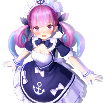 1girl 3d :d ahoge anchor_print anchor_symbol back_bow blue_bow blue_bowtie blue_dress blue_hair blue_nails blunt_bangs blush bow bowtie braid breasts cleavage cleavage_cutout clothing_cutout colored_inner_hair commentary_request cowboy_shot dress drill_hair fingernails frilled_dress frills from_above gaou_(umaiyo_puyoman)_(style) hair_bow highres hololive large_breasts long_hair looking_at_viewer maid maid_headdress minato_aqua minato_aqua_(1st_costume) multicolored_hair nail_polish open_mouth ponpu-chou puffy_short_sleeves puffy_sleeves purple_eyes purple_hair short_sleeves simple_background smile solo spread_fingers streaked_hair swept_bangs teeth twin_drills two-tone_dress two-tone_hair upper_teeth_only virtual_youtuber water_drop white_background white_bow wrist_cuffs