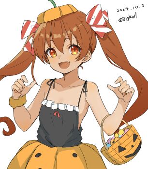 1girl absurdres bigkwl black_camisole blush brown_eyes brown_hair camisole candy candy_bar dark-skinned_female dark_skin food hair_ribbon halloween halloween_costume highres jack-o'-lantern jack-o'-lantern_print kantai_collection libeccio_(halloween)_(kancolle) libeccio_(kancolle) lollipop long_hair looking_at_viewer open_mouth orange_scrunchie orange_skirt pumpkin pumpkin-shaped_pants pumpkin_costume pumpkin_hat pumpkin_shorts pumpkin_skirt ribbon scrunchie simple_background skirt smile twintails