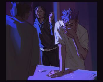 2boys absurdres black_eyes black_hair black_hoodie bleeding blood cocaine commentary covering_nose covering_own_mouth cowboy_shot credit_card drugs highres hood hood_down hoodie indoors knocking leaning_forward male_focus multiple_boys nam-gyu nosebleed open_door purple_hair sadbuttruedog02 self-harm short_hair sideburns sidelighting squid_game symbol-only_commentary thanos_(squid_game)