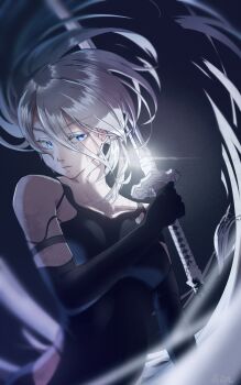 1girl a2_(nier:automata) absurdres armlet bare_shoulders black_gloves black_tank_top blue_eyes breasts closed_mouth collarbone commentary covered_navel cutting_hair dirty elbow_gloves floating_hair gloves hair_between_eyes highres jewelry kaino_osushi85 long_hair_between_eyes looking_at_viewer medium_breasts mole mole_under_mouth nier:automata nier_(series) solo tank_top upper_body virtuous_contract white_hair