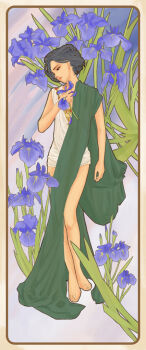 1boy ancient_greek_clothes art_nouveau barefoot black_hair flower full_body greco-roman_clothes hand_up hino_ataru holding holding_flower iris_(flower) julusmole_bayhan solo standing toga touma_no_shinzou