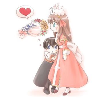 1boy 1girl animal animal_on_head black_hair black_pants blue_eyes book bouquet brown_hair celestial_s commentary_request dress floating floating_book floating_object flower full_body green_eyes heart high_priest_(ragnarok_online) holding holding_bouquet juliet_sleeves long_hair long_sleeves lowres lunatic_(ragnarok_online) monk_(ragnarok_online) on_head open_mouth pants pink_dress puffy_sleeves rabbit ragnarok_online rideword_(ragnarok_online) short_hair simple_background spoken_heart standing white_background