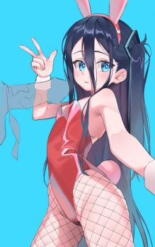 1boy 1girl absurdly_long_hair animal_ears aris_(blue_archive) arm_up bare_shoulders black_hair blue_archive blue_background blue_eyes breasts erection fake_animal_ears fake_tail fishnet_pantyhose fishnets from_side groin hair_between_eyes highres leotard loli long_hair looking_at_viewer merong_(sou47897) one_side_up outstretched_arm pantyhose penis playboy_bunny rabbit_ears rabbit_tail red_leotard ribbon selfie simple_background small_breasts strapless strapless_leotard tail thighs v very_long_hair wrist_cuffs
