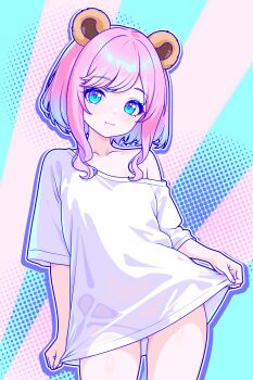 1girl absurdres animal_ears bear_ears blue_eyes closed_mouth cowboy_shot finn_flint highres indie_virtual_youtuber looking_at_viewer no_pants outline pink_hair purple_outline sati_akura shirt short_hair short_sleeves sidelocks single_bare_shoulder smile t-shirt variant_set virtual_youtuber white_outline white_shirt