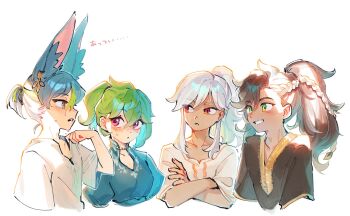 1girl 3boys alternate_costume alternate_hairstyle animal_ear_fluff animal_ears black_hair collei_(genshin_impact) commentary_request crossed_arms crossed_bangs cyno_(genshin_impact) dark-skinned_male dark_skin fox_boy fox_ears genshin_impact green_eyes green_hair grin highres hot multicolored_hair multiple_boys ponytail red_eyes sethos_(genshin_impact) short_sleeves simple_background smile sweat tighnari_(genshin_impact) translation_request ukata upper_body white_background