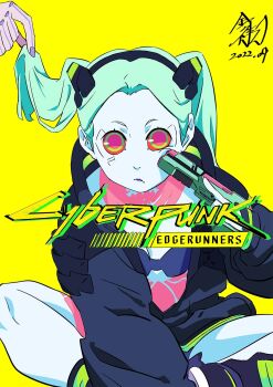 2022 2girls :/ aiming bare_legs breasts chest_tattoo cleavage cyberpunk cyberpunk:_edgerunners cyberpunk_(series) cyberpunk_2077 dated green_hair gun handgun highres holding holding_weapon jacket kaneko_yoshiyuki leg_tattoo looking_at_viewer multiple_girls non-web_source official_art open_clothes open_jacket rebecca_(cyberpunk) sitting skirt small_breasts tattoo title translation_request trigger_(company) underwear weapon yellow_background