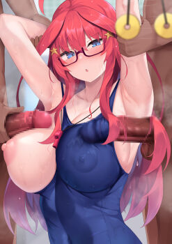 1girl 3boys absurdres ahoge armpit_sex armpits arms_up blue_eyes blue_one-piece_swimsuit blush breasts censored clothing_aside coin coin_on_string covered_erect_nipples dark-skinned_male dark_skin glasses go-toubun_no_hanayome group_sex hair_ornament hetero highres holed_coin hypnosis interracial large_breasts long_hair micosiva mind_control mmf_threesome mosaic_censoring multiple_boys nakano_itsuki nipples one-piece_swimsuit one_breast_out pendulum penis red_hair school_swimsuit sex_under_clothes star_(symbol) star_hair_ornament sweat swimsuit swimsuit_aside threesome whistle whistle_around_neck