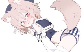 1girl @_@ absurdres animal_ear_fluff animal_ears blush commentary_request commission detached_sleeves hat highres panties simple_background skeb_commission solo striped_clothes striped_panties tail thighhighs underwear urotsuki_(ku9625) vrchat white_background