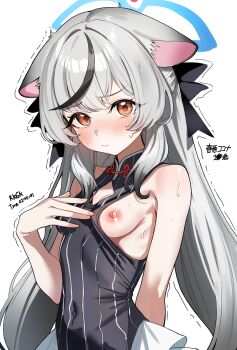 1girl absurdres animal_ears blue_archive blue_halo bow breasts chinese_clothes commentary_request covered_navel flashing grey_hair hair_bow halo highres kokona_(blue_archive) long_hair looking_at_viewer multicolored_hair nipples one_breast_out orange_eyes sak_(lemondisk) small_breasts streaked_hair upper_body white_background