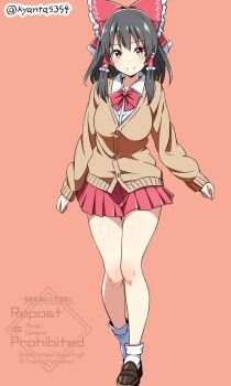 1girl alternate_costume arm_at_side black_hair bow bowtie breasts brown_background brown_cardigan brown_eyes brown_shoes buttons cardigan closed_mouth collared_shirt commentary_request frilled_bow frilled_hair_tubes frills full_body hair_bow hair_tubes hakurei_reimu highres kyanta5354 loafers long_sleeves looking_at_viewer medium_breasts medium_hair miniskirt pleated_skirt red_bow red_bowtie red_skirt school_uniform shirt shoes sidelocks simple_background skirt sleeves_past_wrists smile socks solo standing touhou twitter_username watermark white_shirt white_socks