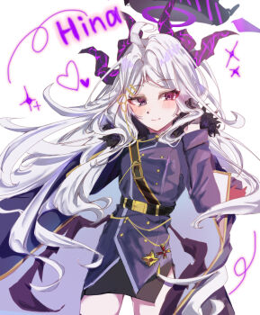 1girl ahoge armband belt black_belt black_coat black_halo black_skirt blue_archive blush breasts character_name coat coat_on_shoulders commentary_request demon_girl demon_horns demon_wings halo highres hina_(blue_archive) horns long_hair looking_at_viewer low_wings purple_eyes red_armband samejima skirt small_breasts solo sparkle standing very_long_hair white_hair wings