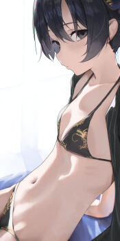 1girl absurdres alternate_costume alternate_hairstyle backlighting bikini black_hair blue_archive blush breasts butterfly_hair_ornament coat dragon_print eiyuo expressionless grey_eyes hair_between_eyes hair_ornament highres kisaki_(blue_archive) loli looking_at_viewer navel open_clothes open_coat outdoors pinstripe_coat pinstripe_pattern short_hair small_breasts solo swimsuit