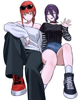 2girls black_shirt black_shoes braid braided_ponytail chainsaw_man choker denim denim_shorts detached_sleeves green_eyes hair_between_eyes makima_(chainsaw_man) multiple_girls pants purple_hair red_hair red_shoes reze_(chainsaw_man) shirt shoelaces shoes short_hair short_shorts shorts sidelocks simple_background sitting smile striped_detached_sleeves striped_sleeves sunglasses sunglasses_on_head tongue tongue_out waving white_background yellow_eyes zeon_(zzeeonn)