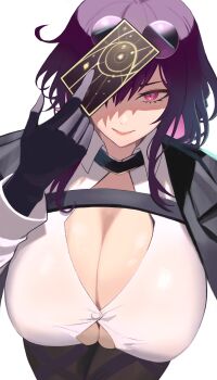 1girl absurdres black_gloves breasts button_gap card cleavage closed_mouth commentary_request eyewear_on_head gloves highres holding holding_card honkai:_star_rail honkai_(series) kafka_(honkai:_star_rail) large_breasts long_hair long_sleeves looking_at_viewer one_eye_covered oro_(lsg0624) parted_bangs purple_eyes purple_hair round_eyewear shaded_face shirt simple_background smile solo sunglasses upper_body white_background white_shirt