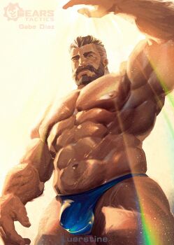 Rule 34 | abs, arm over head, artist name, bara, beard, blue thong, brown hair, bulge, connected beard, facial hair, gabriel diaz, gears of war, highres, luerstine, male focus, muscular, muscular male, navel, nipples, pectorals, sunlight, thong