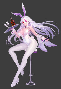 Rule 34 | 1girl, animal ears, bottle, breasts, breasts apart, detached collar, glasses, grey background, hair between eyes, high heels, highleg, highleg leotard, highres, knife, large breasts, leotard, long hair, looking at viewer, multicolored hair, original, pantyhose, rabbit ears, rabbit tail, red eyes, sitting, solo, strapless, strapless leotard, streaked hair, tail, tray, two-tone hair, white hair, white pantyhose, wrist cuffs, zhuore zhi hen