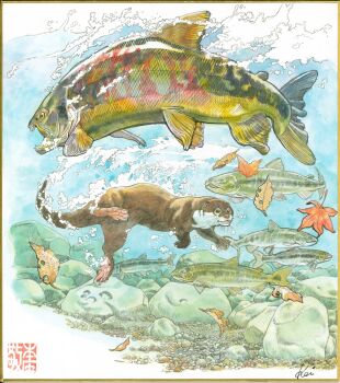 air_bubble animal animal_focus bubble commentary_request fish highres honjo_kei leaf maple_leaf no_humans open_mouth original otter partially_underwater_shot pebble rock salmon_(fish) shikishi signature swimming traditional_media