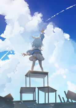 1girl absurdres arm_up arona_(blue_archive) blue_archive blue_hair blue_halo blue_shirt blue_sky bow cloud commentary contrail cumulonimbus_cloud desk from_behind full_body hair_bow halo highres ixia559 long_sleeves medium_hair midriff_peek miniskirt on_desk outstretched_hand pleated_skirt puffy_long_sleeves puffy_sleeves school_desk school_uniform serafuku shirt sitting skirt sky solo standing summer upskirt white_bow white_skirt