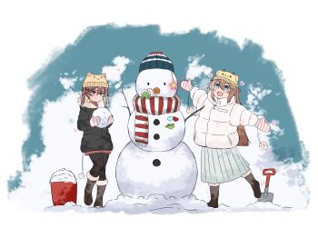 109kpm 2girls :d absurdres alternate_costume alternate_hairstyle animal_ear_headwear beanie black_jacket black_pantyhose blue_eyes blue_hat blue_skirt blunt_ends blush boots border breath broken_heart broken_heart_hair_ornament brown_boots brown_hair bucket closed_mouth double-parted_bangs down_jacket dress evil_neuro-sama fake_animal_ears full_body fur-trimmed_boots fur-trimmed_jacket fur_trim hair_between_eyes hair_ornament hair_ribbon hashtag-only_commentary hat heart heart_hair_ornament highres holding holding_snowball jacket knees_together_feet_apart long_hair long_skirt long_sleeves looking_at_viewer mittens motion_lines multiple_girls neuro-sama open_mouth outstretched_arms pantyhose pink_mittens pleated_skirt pom_pom_(clothes) red_dress red_eyes red_ribbon red_scarf ribbon scarf shovel siblings sisters skirt smile snow snowball snowman standing standing_on_one_leg star_(symbol) striped_clothes striped_hat striped_mittens striped_scarf turtle twins twintails two_side_up vedal987 vedal_ai white_border white_hat white_jacket white_mittens white_scarf winter winter_clothes yellow_hat