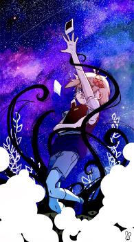 Rule 34 | 007f89 siyo, 1boy, alternate color, antenna hair, arm up, basil (faraway) (omori), basil (omori), black sweater vest, blonde hair, blue eyes, book, brown shorts, collared shirt, commentary request, double-parted bangs, flower, hair between eyes, hair flower, hair ornament, highres, holding, holding book, loafers, male focus, omori, parted lips, photo (object), scrapbook, shirt, shoes, short hair, short sleeves, shorts, sidelocks, socks, solo, something (omori), sweat, sweater vest, white shirt, white socks