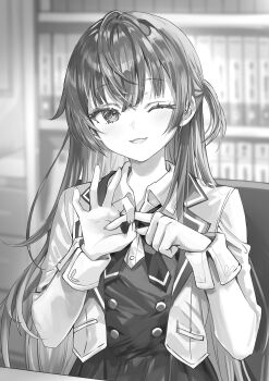 1boy 1girl absurdres black_skirt blazer blush book bookshelf collared_shirt dot_nose female_focus highres indoors jacket long_hair long_sleeves looking_at_viewer miniskirt momoko_(momopoco) monochrome necktie novel_illustration official_art one_eye_closed open_mouth penetration_gesture pleated_skirt school_uniform seiren_academy_school_uniform sexually_suggestive shirt shirt_under_vest side_ponytail sidelocks sitting skirt solo solo_focus suou_yuki tokidoki_bosotto_roshia-go_de_dereru_tonari_no_alya-san vest wink