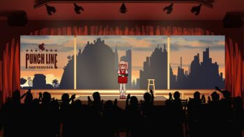 1girl blonde_hair bowing collared_shirt commentary english_text eyewear_on_head flandre_scarlet goodbye highres holding holding_microphone mary_janes microphone one_side_up pointy_ears puffy_short_sleeves puffy_sleeves red_eyes red_skirt red_vest shirt shoes short_hair short_sleeves silhouette skirt socks stage stage_lights stool symbol-only_commentary touhou vest white_shirt wings yoruny