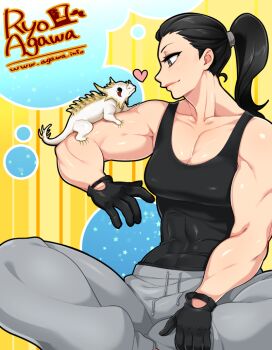 1girl abs agawa_ryou animal animal_on_shoulder artist_name bad_id bad_tumblr_id black_gloves black_hair blue_eyes borrowed_character breasts cleavage fakemon female_focus gloves grey_eyes heart lizard long_hair looking_at_another muscular muscular_female nintendo original pants pokemon ponytail sitting skin_tight solo spikes sweatpants tank_top watermark web_address