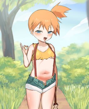 1girl aqua_shorts arm_at_side blue_eyes blue_sky blush breasts cropped_shirt day eyebrows eyelashes feet_out_of_frame fellatio_gesture female_focus forest grass hand_up highres loli looking_at_viewer male_underwear mesugaki misty_(pokemon) nature naughty_face navel nintendo open_mouth orange_hair outdoors pokemon pokemon_(anime) pokemon_(classic_anime) ponytail pov shirt short_hair short_ponytail shorts side_ponytail sky sleeveless sleeveless_shirt small_breasts smile smug solo standing suspenders tomboy tongue underwear variant_set yellow_shirt yoma_(mayo)