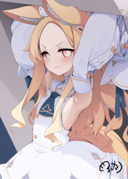 1girl :3 animal animal_ear_fluff animal_ears animal_on_head armpits arms_up bird bird_on_head blonde_hair blue_archive blush box commentary_request detached_sleeves dress flat_chest forehead fox_ears fox_girl fox_tail long_hair looking_at_viewer mofu_namako on_head pink_eyes seia_(blue_archive) signature sleeveless sleeveless_dress sleeves_past_wrists solo tail under_box very_long_hair white_dress white_sleeves
