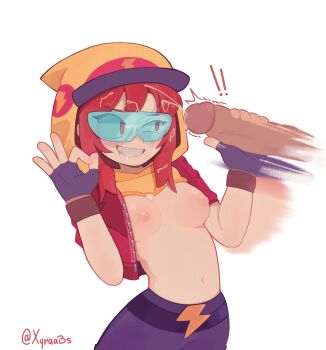 ! !! 1boy 1girl absurdres artist_name assertive_female belt blush brawl_stars breasts breasts_apart clothes_lift cum cum_on_body cum_on_breasts cum_on_eyewear cum_on_hair cum_on_upper_body disembodied_penis ears facial fast fingerless_gloves glasses gloves goggles handjob hands_up happy hetero highres hip_focus hood hoodie jacket large_penis lightning_bolt_print lightning_bolt_symbol looking_to_the_side max_(brawl_stars) medium_breasts medium_hair motion_lines navel nipples no_bra nose ok_sign open_clothes open_hoodie open_jacket pants penis red_eyes red_hair sidelocks simple_background smile speed_lines teeth uncensored upper_body white_background xyraabs zipper