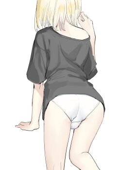 1boy all_fours arm_up ass blonde-haired_boy_(sunaba_(nczd5875)) blonde_hair bulge clothes_pull commentary_request feet_out_of_frame from_behind grey_shirt highres male_focus medium_hair original panties partial_commentary shirt shirt_pull short_sleeves simple_background solo sunaba_(nczd5875) thighs trap underwear white_background white_panties